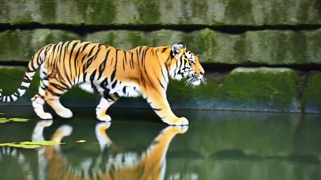 Majestic tiger drinking from serene pond in natural habitat