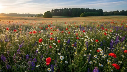 Vibrant wildflower meadow under soft sunlight during a bright summer day