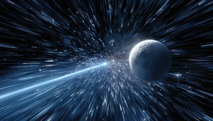 Warp speed visual planet in bright light streaked through space