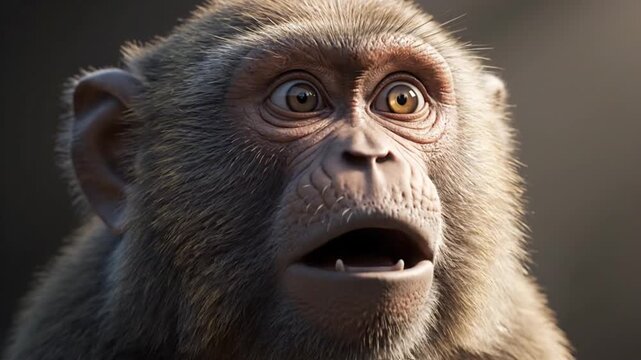 ultra realistic 3d animation monkey close up face shot expressive surprised facial expression wide open eyes raised eyebrows slightly open mouth showing shock detailed fur texture natural hair movemen