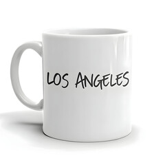 a white coffee mug with the word los angeles