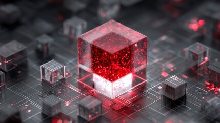 Abstract, geometric artwork. A large, translucent red-glowing cube is center, surrounded by smaller, gray and translucent cubes on a grid. Depth of field effect