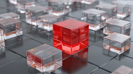 A vibrant, red cube stands out amidst a grid of transparent blocks, symbolizing individuality and a departure from conformity