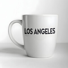 a white coffee mug with the word los angeles