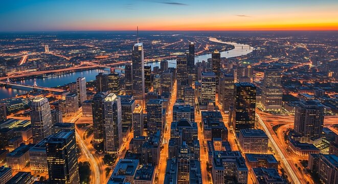Illuminated metropolitan cityscape stretches toward the horizon during twilight hours