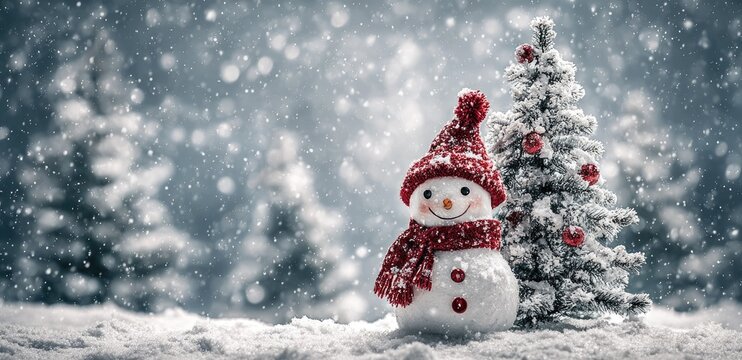 Snowman and christmas tree in a winter landscape with falling snowflakes - Powered by Adobe