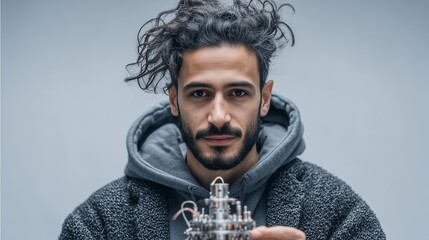 Young Middle East Man with Messy Hair Holding Scientific Device, Studying Physics