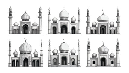 Architectural Mosaic: A detailed illustration captures the intricate beauty of six distinct mosque designs, showcasing the rich cultural heritage and diversity. 