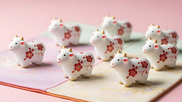 Cute Ceramic Cow Figurines with Red Floral Patterns for Japanese New Year Celebration
