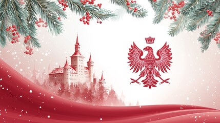 Polish Eagle Crest on White red Gradient with Winter Castle and Snowfall