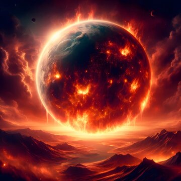 Burning apocalypse planet in space background