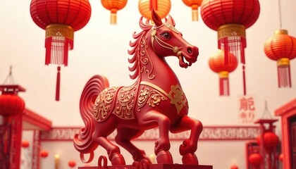 Luxury Golden Horse Statue with Fire Mane on Jade Base