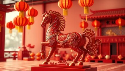 Luxury Golden Horse Statue with Fire Mane on Jade Base