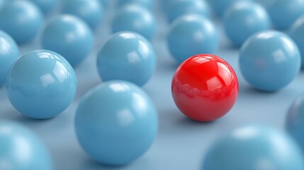 A vibrant red sphere stands out amongst a sea of light-blue spheres, illustrating difference and individuality