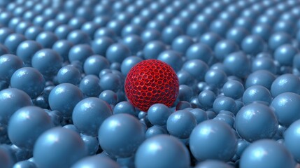 A singular, textured red sphere contrasts against numerous smooth, blue orbs, creating a visual distinction suggesting concepts of uniqueness