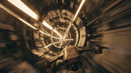High-speed drone navigates a futuristic illuminated tunnel, showcasing advanced technology and rapid data delivery in a dynamic sci-fi environment. - Powered by Adobe