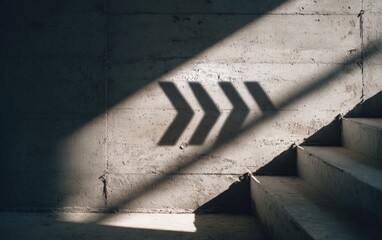 Concrete wall with shadow shaped like rightward chevron, stairs to the side