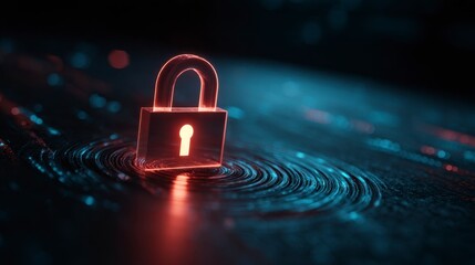 A glowing red padlock rests on a dark, swirling digital landscape, representing security and encryption. Digital lines and dots further accentuate the cyber theme