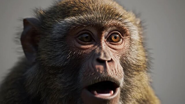 photorealistic 3d monkey close up face animation surprised emotional expression intense wide eyes eyebrow raise slightly open mouth high detail fur with natural movement realistic skin surface subtle 