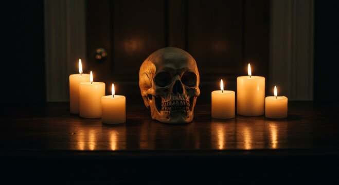 Human Skull with Lit Candles on Dark Wooden Table