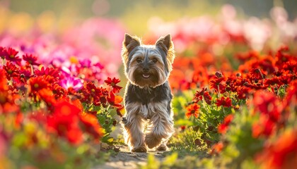 Adorable Yorkshire Terrier Dog Walking Through a Vibrant Flower Field at Sunrise.