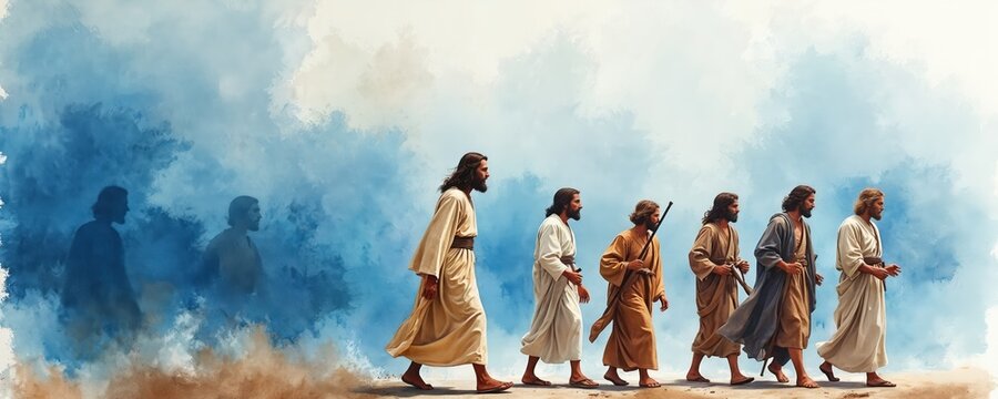 Jesus leads disciples walking forward together. Group follows spiritual leader across dusty ground. Watercolor art style suggests holy journey and faith. Men wear robes. Biblical scene.