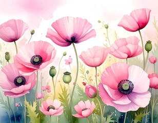 Soft watercolor painting featuring vibrant pink poppy flowers in a field