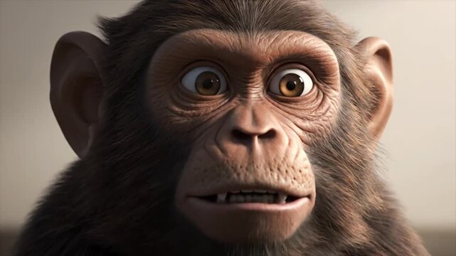 high detail realistic 3d monkey face animation close shot expressive shocked look intense eyes raised eyebrows parted lips natural fur movement realistic skin around eyes nose breathing motion cinemat