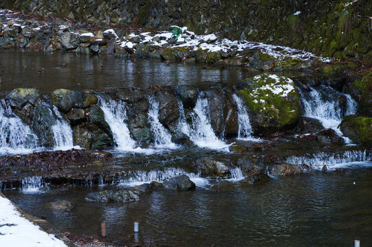 Winter scenery of Kyoto, piled up snow and waterfall