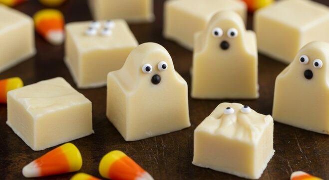 White Fudge Ghost Halloween Candies on Dark Background
