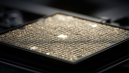 Advanced semiconductor wafer with intricate golden grid patterns and brilliant light reflections, symbolizing innovation in microelectronics and digital data processing technology.