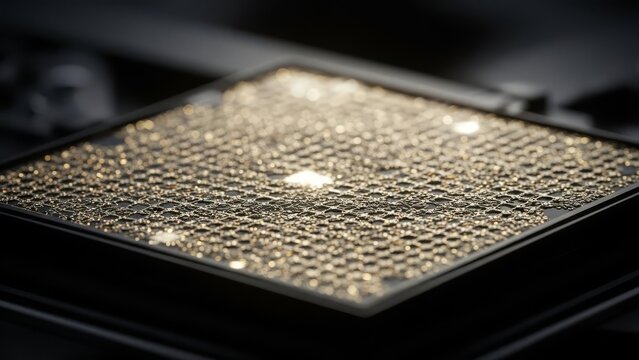 Advanced semiconductor wafer with intricate golden grid patterns and brilliant light reflections, symbolizing innovation in microelectronics and digital data processing technology. - Powered by Adobe