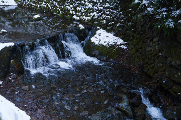 Winter scenery of Kyoto, piled up snow and waterfall