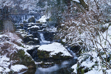 Winter scenery of Kyoto, piled up snow and waterfall
