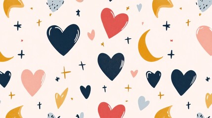 Heart, moon, star, and cross pattern on a light background