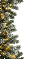 Fototapeta premium Realistic evergreen pine branches with hoarfrost, ice, warm LED lights, top border on transparent background, copy space, falling snowflakes, concept of elegant winter holiday design