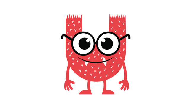 Friendly red furry monster character with big eyes and black glasses smiling cheerfully to represent a cute and nerdy mascot.