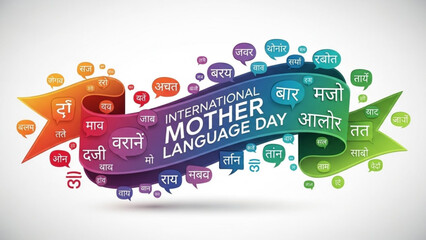 International mother language day colorful banner with speech bubbles in various languages on white background with multilingual and communication