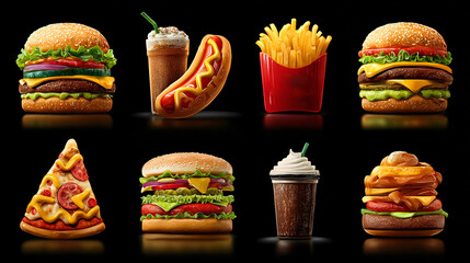 Playful Vector Illustration of Classic Fast Food Favorites: Burgers, Hot Dog, Pizza, Fries, and Milkshakes on Black