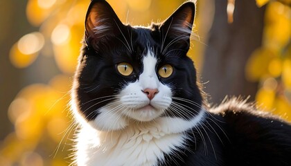 Close-up portrait of a black and white cat with striking yellow eyes.