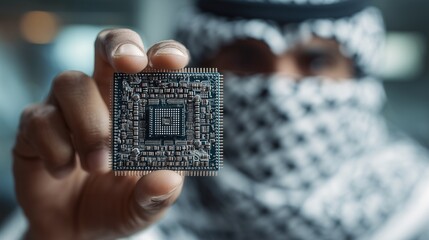 Close up of a Hand Holding a Computer Microchip, Advanced Technology