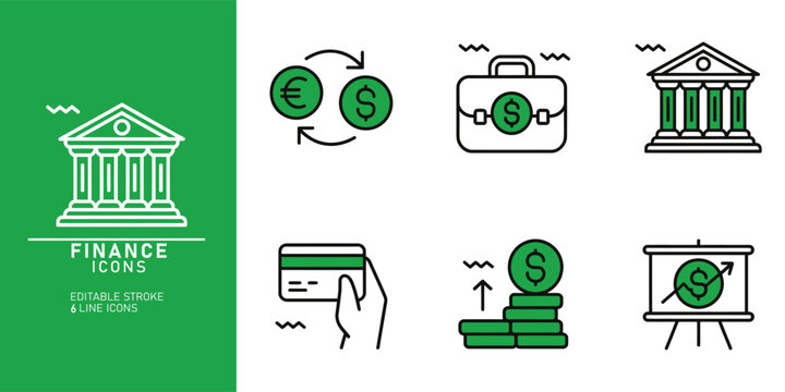 A collection of finance icons featuring various symbols and graphics related to money and banking on a green and white background