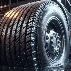Closeup view of large wet tyre