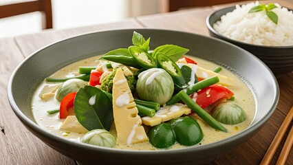 Delicious Thai Green Curry with Vegetables and Rice.