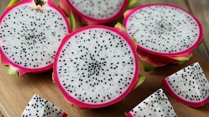 Dragon Fruit Slices on Wooden Table.