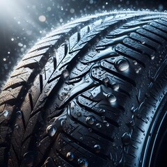 Closeup view of large wet tyre