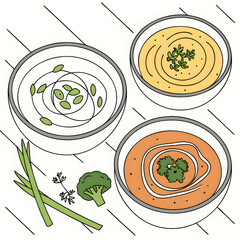 variety of delicious cream soups in bowls on white