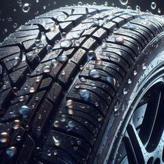 Closeup view of large wet tyre