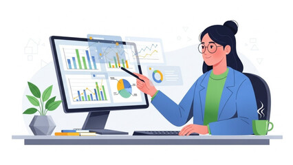 Businesswoman analyzing data on computer screen with graphs and charts, pointing with pencil, sitting at desk with plant and coffee with analysis
