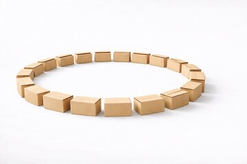 Photorealistic studio scene with identical cardboard boxes arranged in a perfect oval loop on a white background symbolizing automation and self-sustaining process with clean copy space